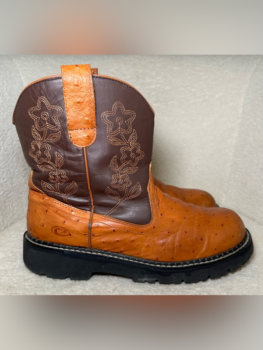 Roper Brown Leather Faux Ostrich Western Ranch Cowboy Cowgirl Boots Floral 9.5